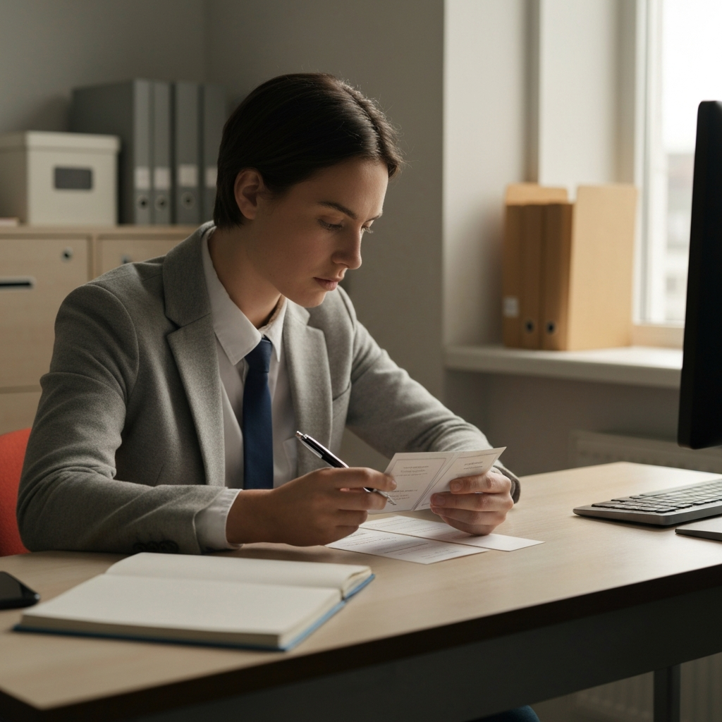 A student using flashcards at a desk, with a determined expression. The desk is well-organized, and the room is filled with natural light.