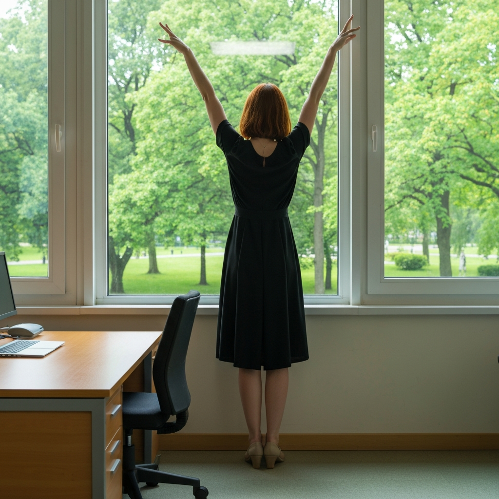 A person standing up from their desk and stretching, looking out a window at a park. The lighting is soft and diffused, creating a sense of calm and relaxation.
