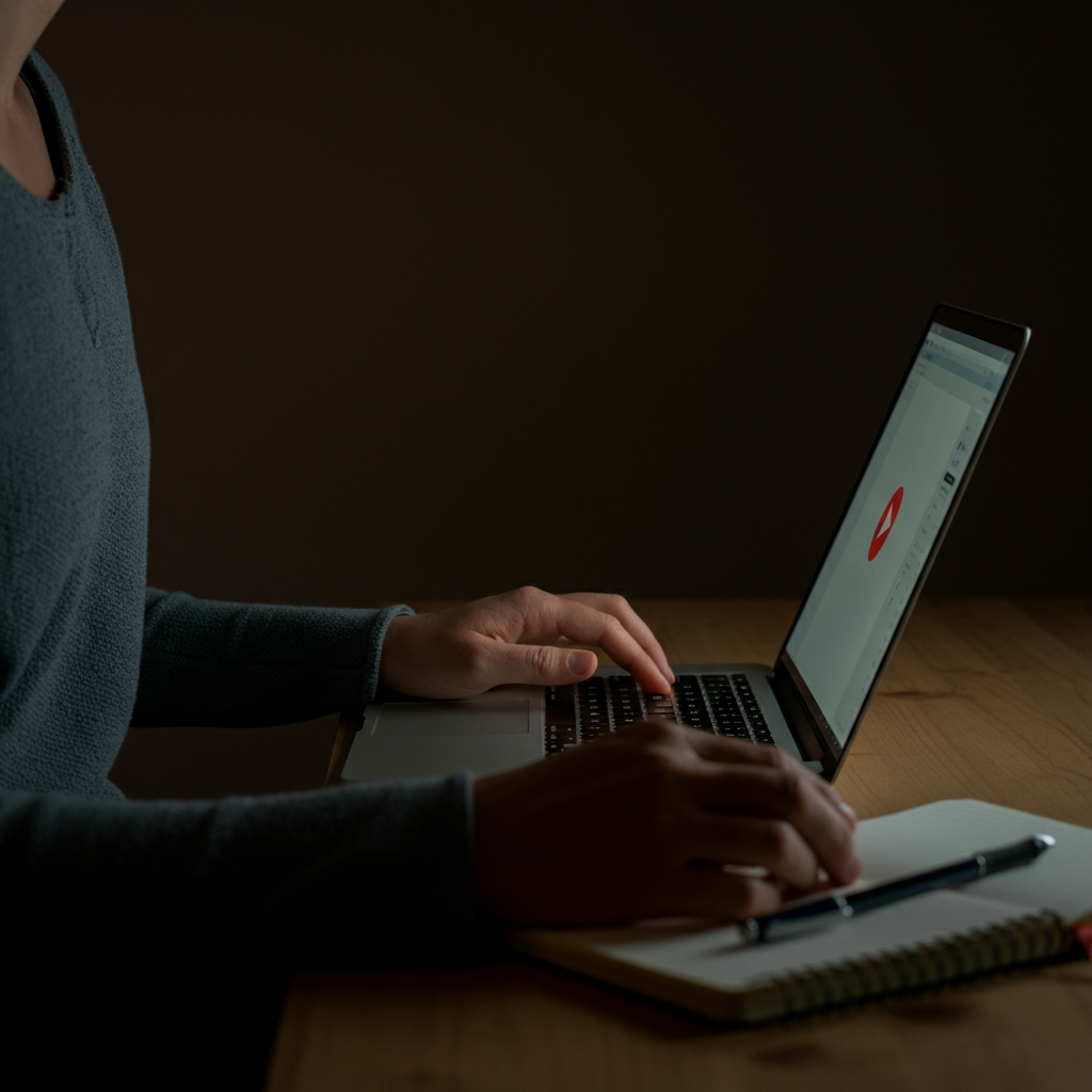 A person watching an educational video on a laptop, with a notebook and pen nearby. The screen is illuminated, casting a soft glow on the person's face.