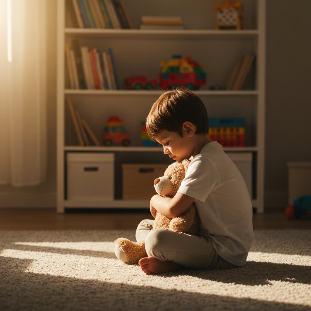 A child sits cross-legged on a plush rug in a sunlit room, hugging a well-loved teddy bear. Soft bokeh blurs the background, featuring bookshelves and toys. Golden hour lighting creates a warm, inviting atmosphere. The child is wearing a clean, comfortable cotton shirt.