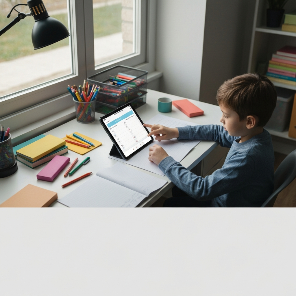 A child sits at a desk, surrounded by colorful stationery, using a tablet app to track their chores. The desk is tidy and organized. Natural light streams in from a nearby window. The child is wearing a casual, comfortable outfit.