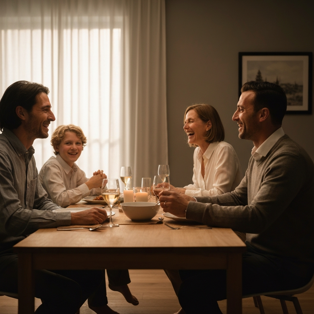 A family is sitting around a dining table, laughing and talking during a meal. The table is set with simple, elegant dishes. The lighting is warm and inviting. The family members are wearing comfortable, but presentable, clothes.