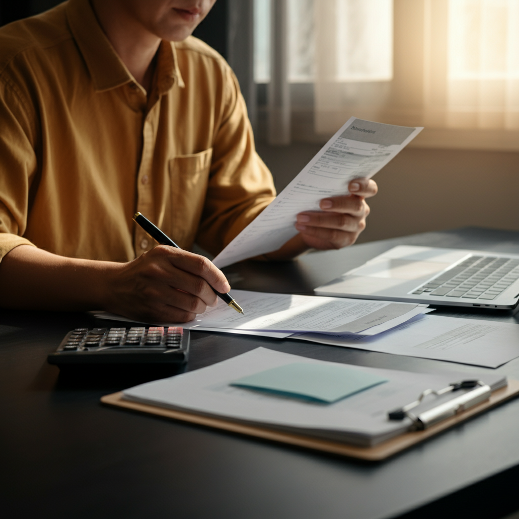 A small business owner meticulously reviewing utility bills and waste disposal records in a well-lit office. Sunlight streams in through a large window, casting soft shadows on the paperwork. The desk is organized with a laptop, calculator, and various documents neatly arranged.