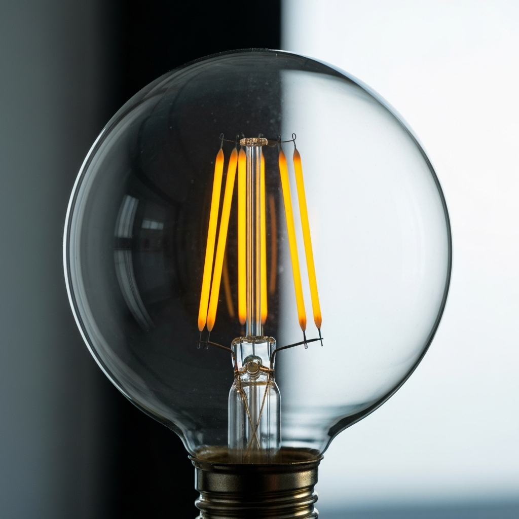 A close-up shot of a modern LED lightbulb, highlighting its intricate filament structure. Soft, diffused lighting emphasizes the bulb's smooth glass surface and subtle glow.