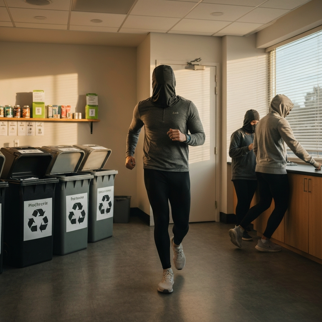 A well-organized recycling station in an office breakroom. Bins are clearly labeled for different materials, and employees are seen responsibly sorting their waste. Natural light fills the room, creating a clean and inviting atmosphere.