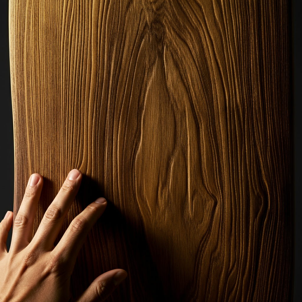 A close-up shot of a hand touching the textured surface of a sustainably harvested wooden product. Golden hour lighting highlights the wood's grain and natural imperfections.