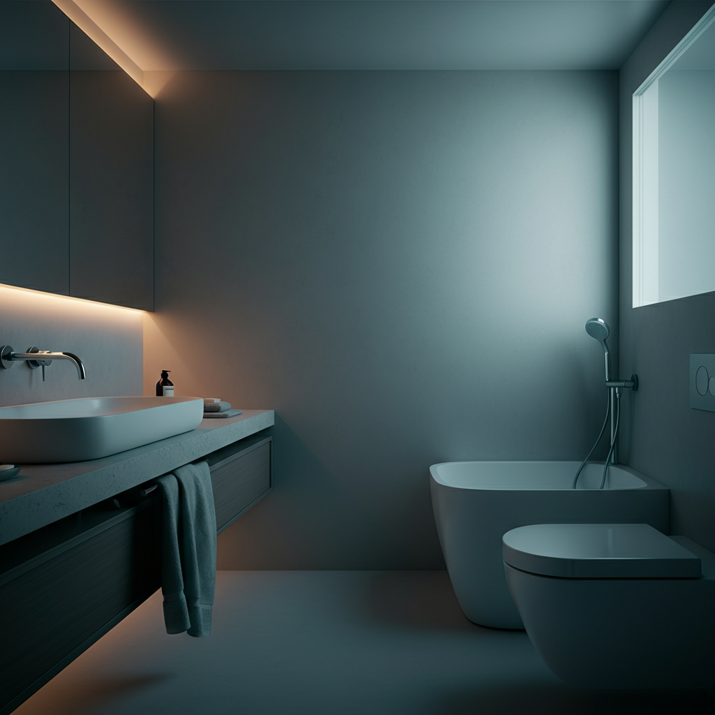 A modern, minimalist bathroom with low-flow fixtures and a serene atmosphere. Soft, indirect lighting reflects off the clean surfaces, creating a calming and eco-conscious environment.