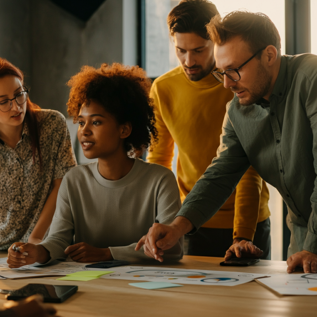 A diverse group of employees participating in a brainstorming session about sustainability initiatives. They are gathered around a table in a brightly lit conference room, enthusiastically sharing ideas and collaborating on solutions.