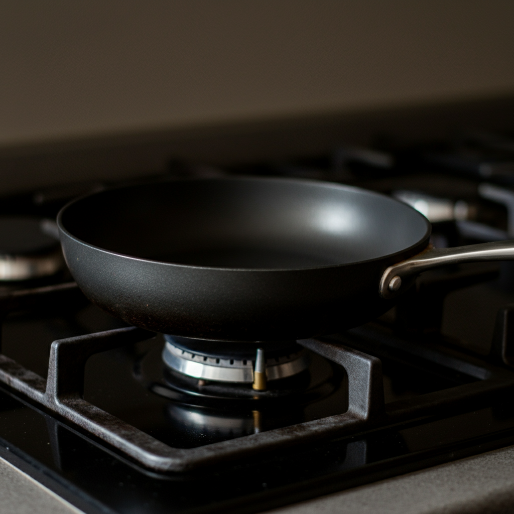 A clean carbon steel pan sitting on a stovetop burner set to low heat. The burner flame is barely visible. Soft, ambient kitchen lighting creates a warm glow on the pan's surface. The focus is on the dry, matte finish of the steel.