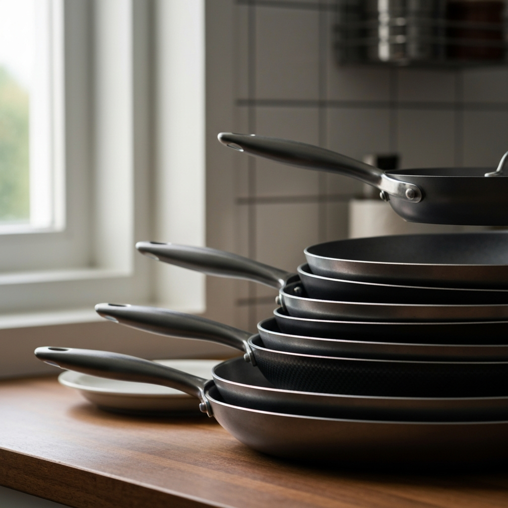 A stack of carbon steel pans, each progressively darker in color, resting on a wooden countertop. Soft, natural light from a nearby window highlights the subtle variations in tone and texture. The background is a clean, organized kitchen space.