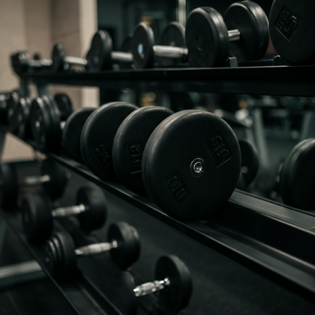 A gym interior, focusing on a dumbbell rack with neatly arranged weights. Soft, diffused lighting highlights the texture of the rubber coating.