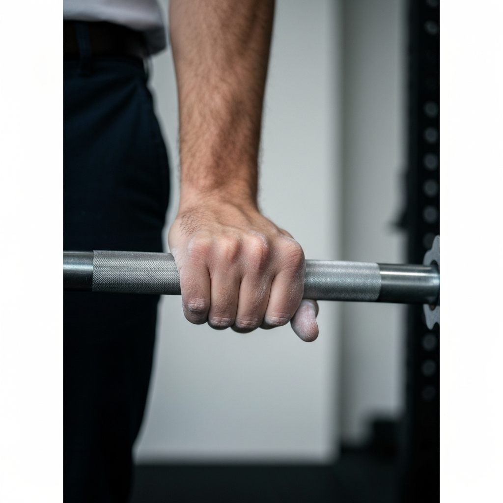 A close-up shot of a person's hand gripping a barbell, chalk dust visible on their skin. Shallow depth of field blurs the background.