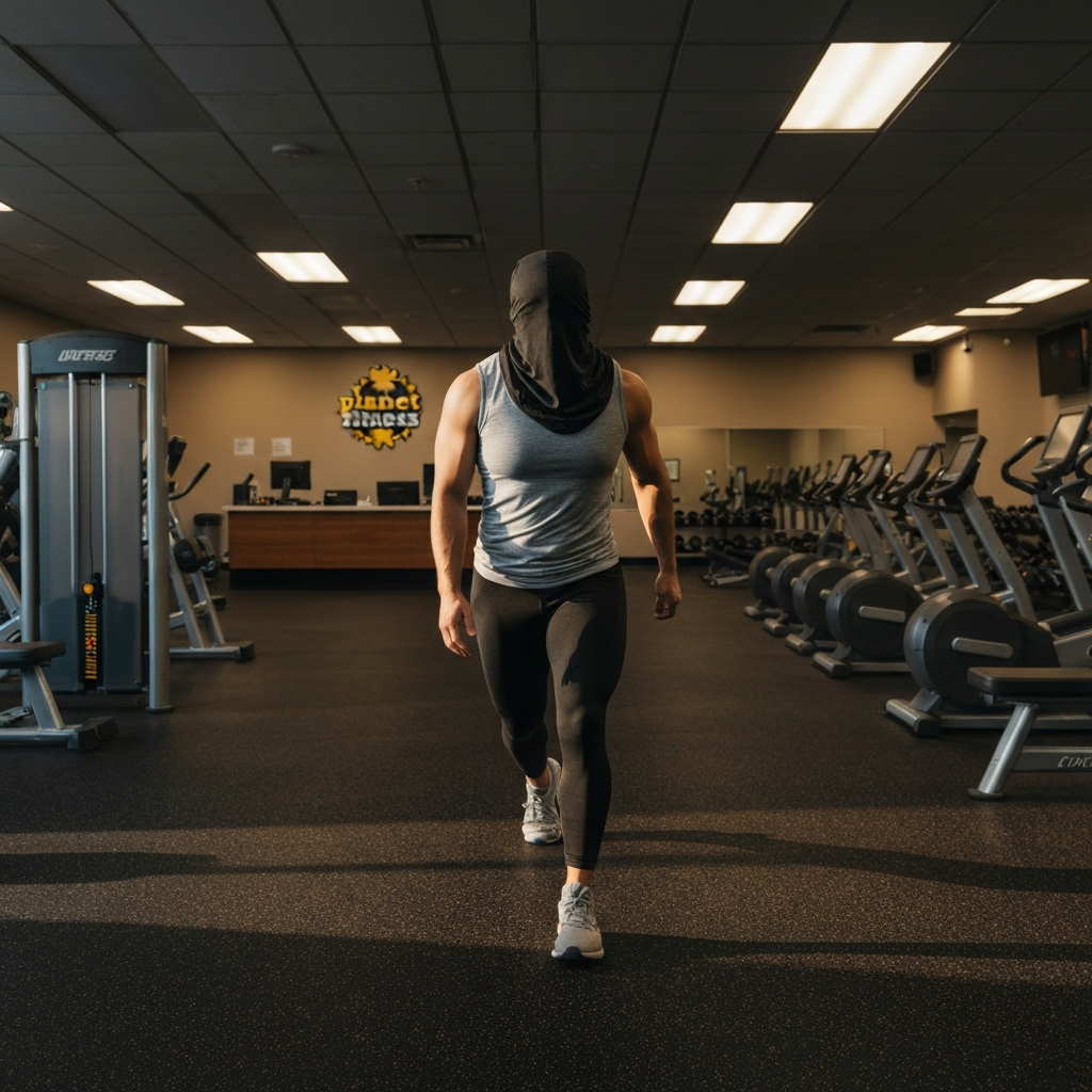 A Planet Fitness gym interior, slightly wide angle, showing exercise equipment and a front desk in the background. Even lighting across the scene.