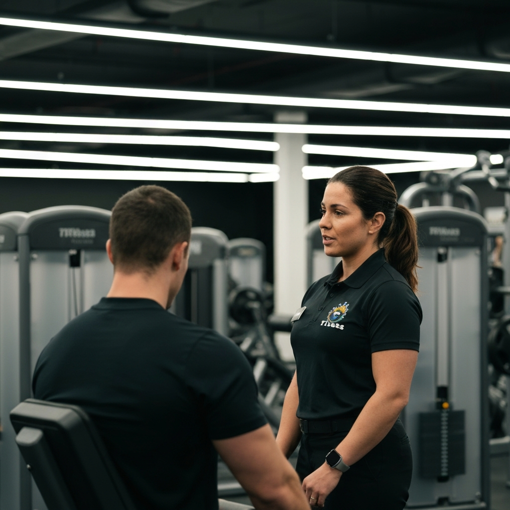 A gym employee, wearing a Planet Fitness uniform, talking to a member near the weight machines. The scene is lit by overhead fluorescent lights.