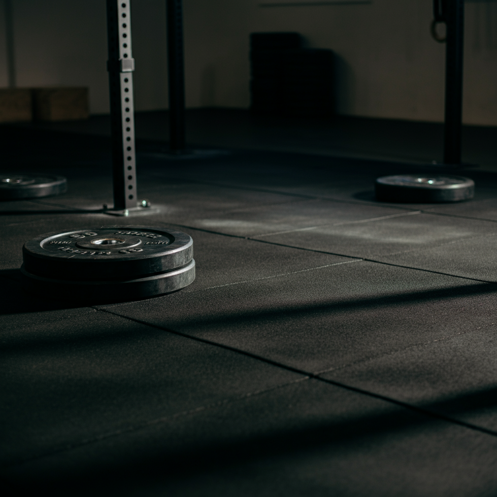 A weightlifting platform with rubber mats. Focus on the texture of the rubber and the metal of the weight plates. Soft bokeh in the background.