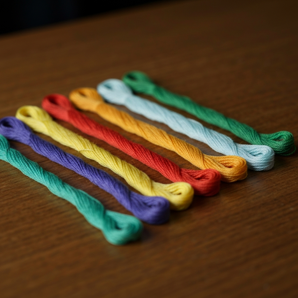 Close-up on five differently colored embroidery floss strands laid side-by-side on a wooden table. Soft directional light highlights the texture of the thread.