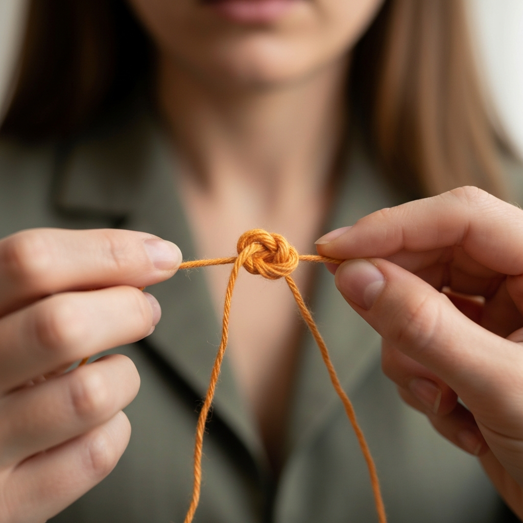 Hands tying an overhand knot with five strands of embroidery floss. The knot is close-up, with a shallow depth of field blurring the background.
