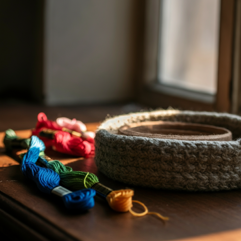 A crafting table with embroidery floss organized into two groups - three strands on the left and two on the right. Natural light streams in from a nearby window.