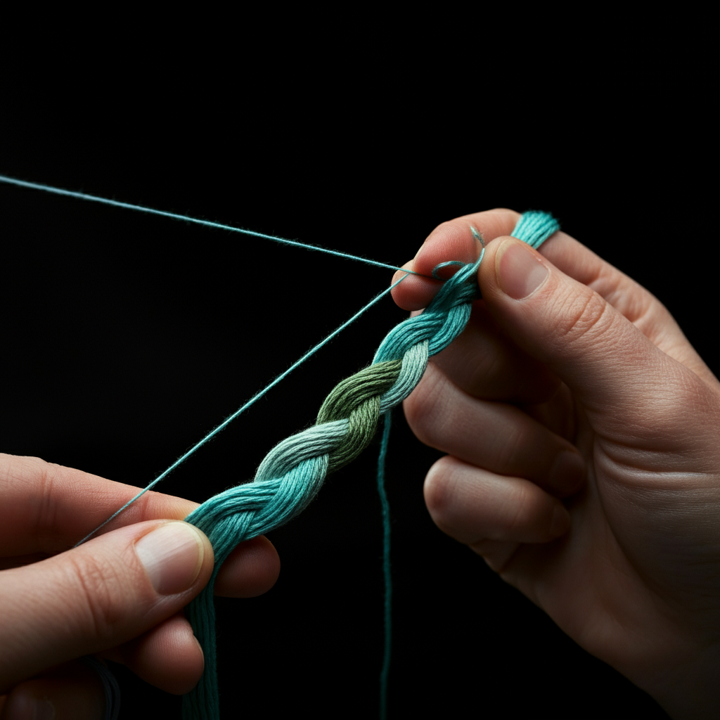 Close-up shot of hands braiding three strands of embroidery floss. The braid is in progress, with focus on the interweaving strands.