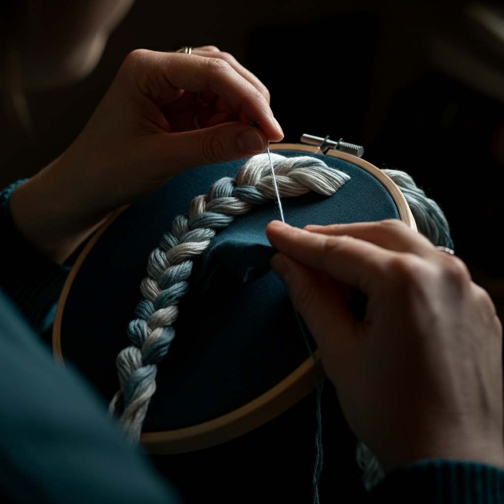 Hands carefully incorporating a new strand of embroidery floss into the rightmost side of an existing braid. The light is diffused, highlighting the texture of the floss.