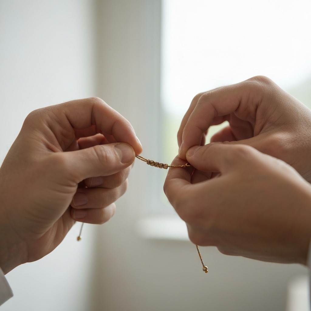 A slightly wider shot of the braiding process, showing the hands working on a longer section of the bracelet with an added strand. Soft bokeh in the background.