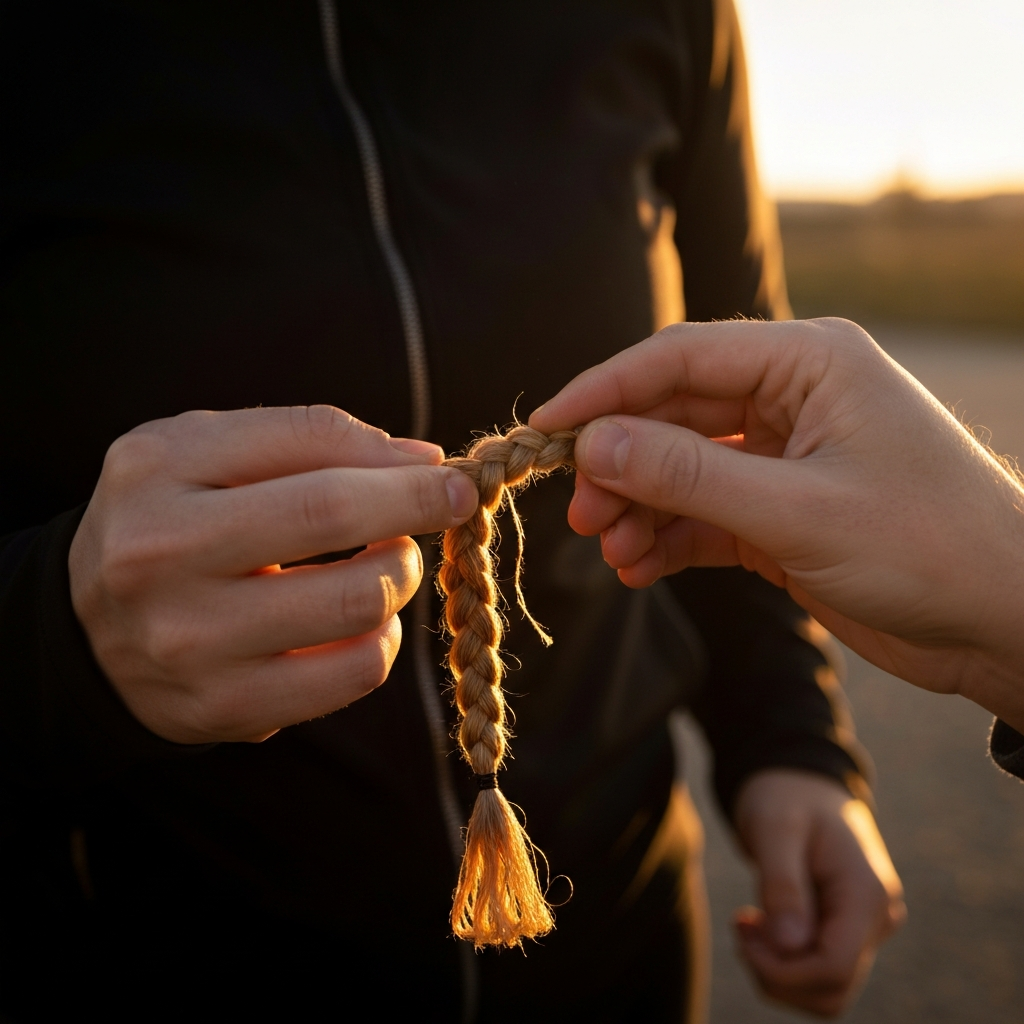 A professional photographer shoots hands adding the final strand of embroidery floss to a braid. Side-lit textures emphasize the intricate braid.