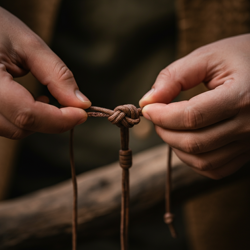 Hands tying a final overhand knot at the end of a braided bracelet. The background is blurred, focusing attention on the knot being tied.