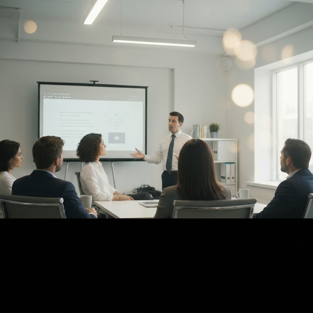 A brightly lit office with a person in professional attire presenting a slideshow on a screen to a small group of attentive colleagues. Soft bokeh in the background.