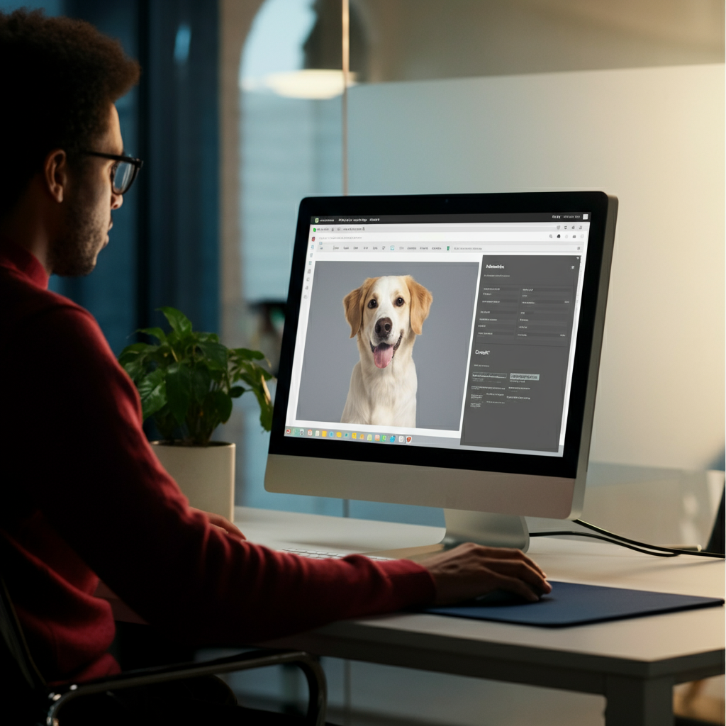 A person at a computer, focused on a survey about dog allergies. The screen reflects soft light onto their face. An office plant sits on the desk, and a blurred conference room is in the background.