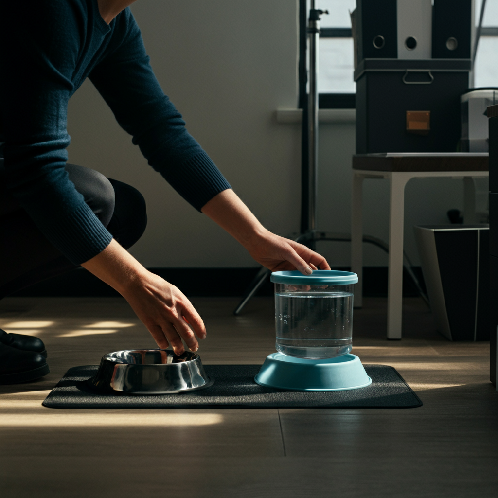 An office space being prepared for dogs. A person is placing a water bowl on a non-slip mat. Soft morning light streams through the window, highlighting the clean, organized environment.