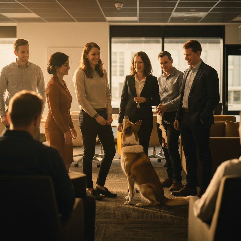 A group of people gathered in an office common area, watching a dog perform a trick. The atmosphere is light and joyful. Golden hour lighting creates a warm, inviting scene.