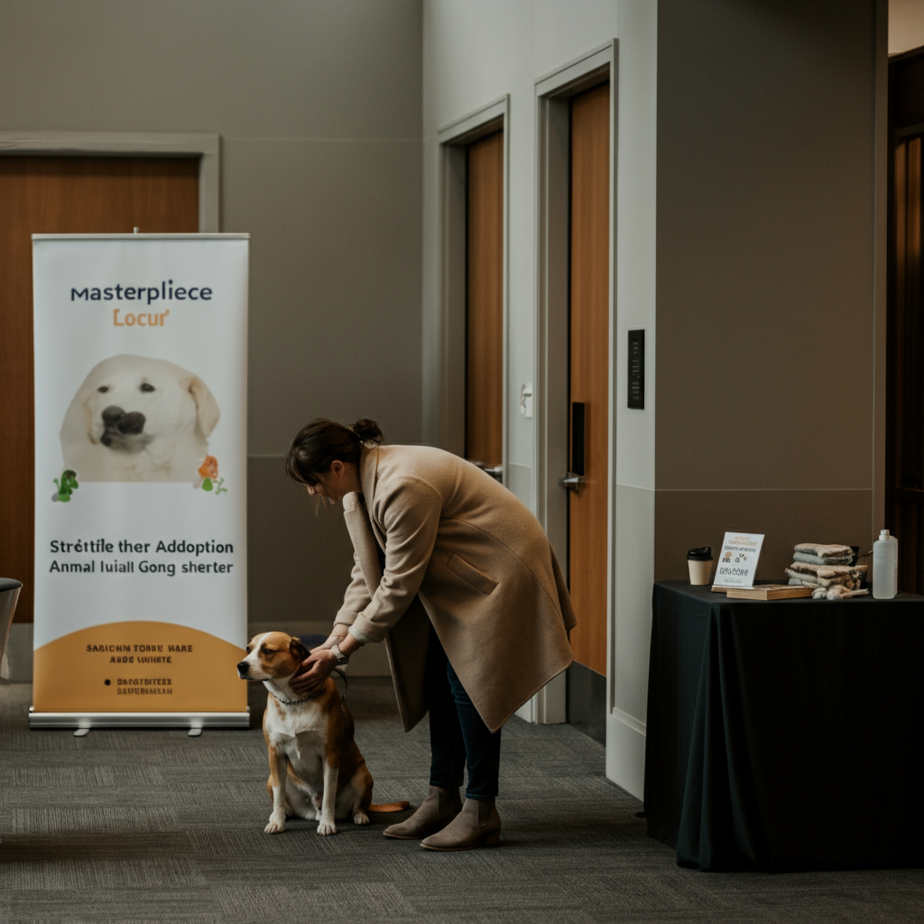 A person petting a dog at an adoption booth set up in an office lobby. A banner for the local animal shelter is visible in the background. The scene is naturally lit, showcasing the interaction between human and animal.