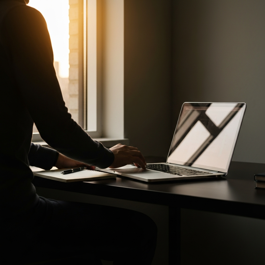 An employee reviewing survey results on a laptop in a quiet office corner. The screen is softly illuminated, and a notepad and pen rest beside the laptop.