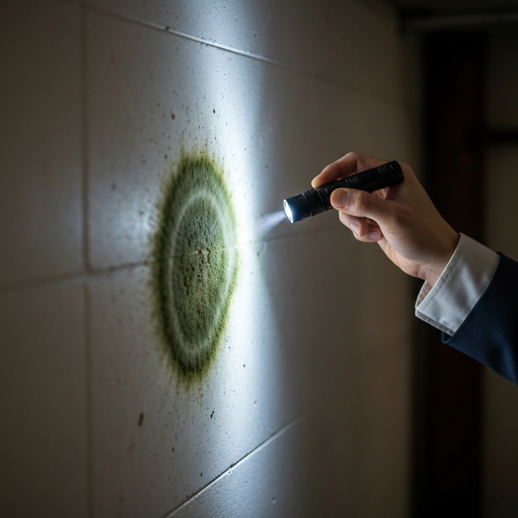 A close-up shot of a person's hand pointing a flashlight at mold growing on a basement wall. The lighting is soft and diffused, highlighting the texture of the mold and the concrete. Focus is on the visual contrast between the clean wall and the affected area.