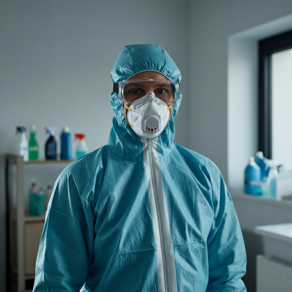 A person wearing full protective gear: N-95 mask, safety goggles, disposable gloves, and a disposable suit, standing in a well-lit room with cleaning supplies in the background. The person is looking directly at the camera with a serious expression.
