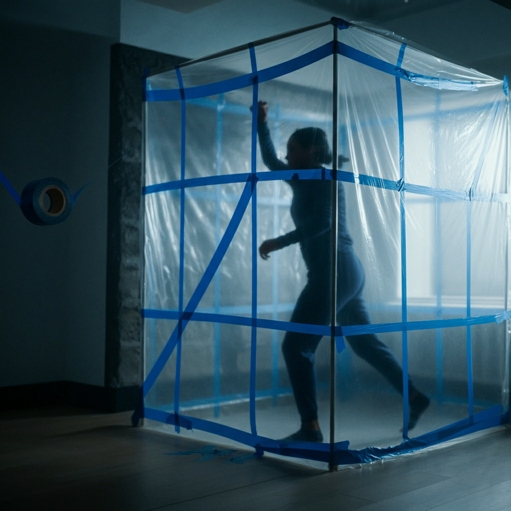 A room being sealed off with clear plastic sheeting and blue duct tape. The sheeting is secured to the walls and ceiling, creating a tight seal. The lighting is bright and even, showcasing the containment process.