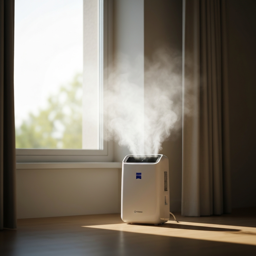 A room with a dehumidifier running, with sunlight streaming through a window. The air looks clear, and the room appears clean and dry. Soft bokeh in the background focuses on the dehumidifier and the sunlight.