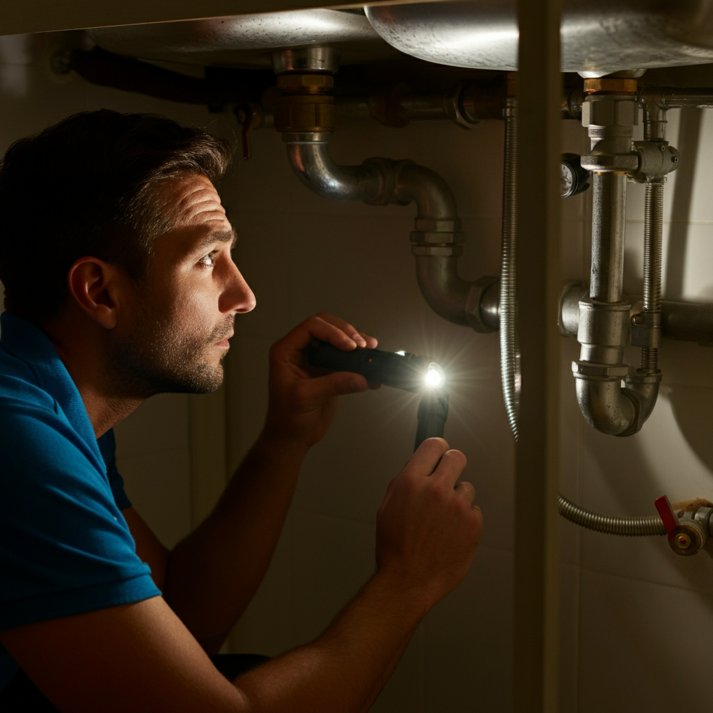 A plumber inspecting pipes under a sink with a flashlight. The lighting is focused on the pipe connections and the plumber's hands, highlighting the action of the inspection. Professional, serious environment.