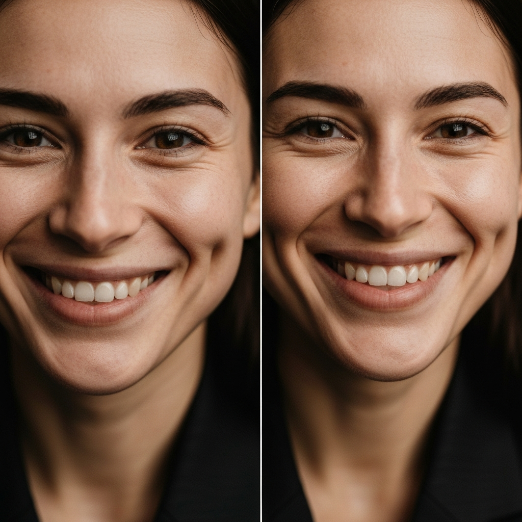 A close-up portrait of a person smiling. One image shows bilateral cheek dimples, the other shows unilateral. Both images are shot with soft, diffused lighting and a shallow depth of field.