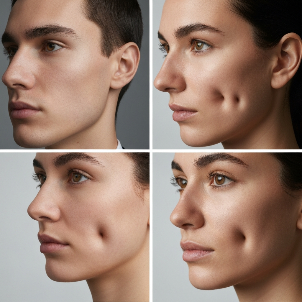 Three distinct facial portraits, each showcasing a different type of facial dimple: longitudinal, transverse, and fovea buccalis. The photography employs side-lighting to emphasize the depth and shape of each dimple type.