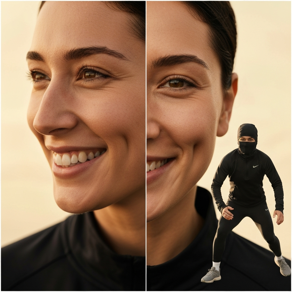 A split-screen image. On one side, a smiling face with clearly defined smile lines. On the other side, a smiling face exhibiting a subtle Dahlia dimple. The lighting is even and bright, with focus on the cheek area.