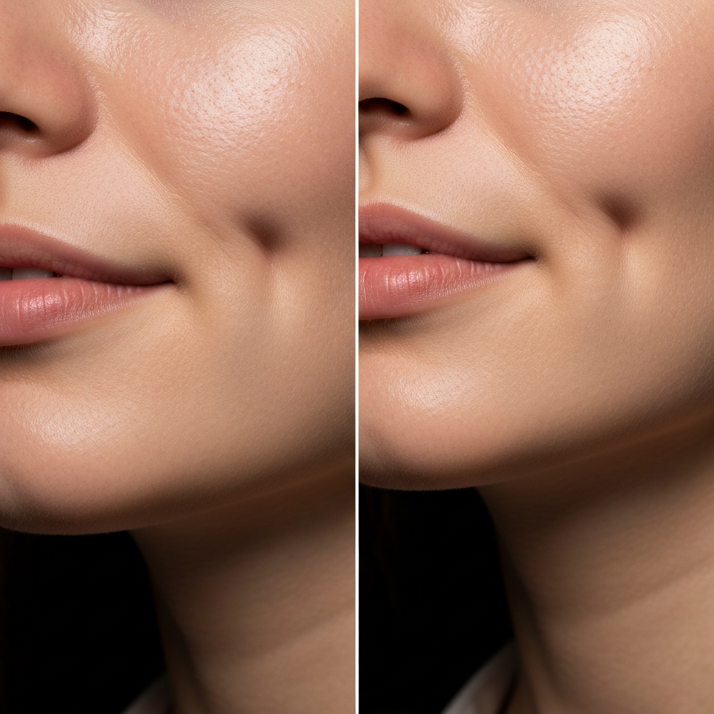 Two close-up portraits of chins. One portrait showcases a prominent cleft chin. The other portrait features the rarer fovea inferior. Both are side-lit to accentuate the contours and depth of the dimples.