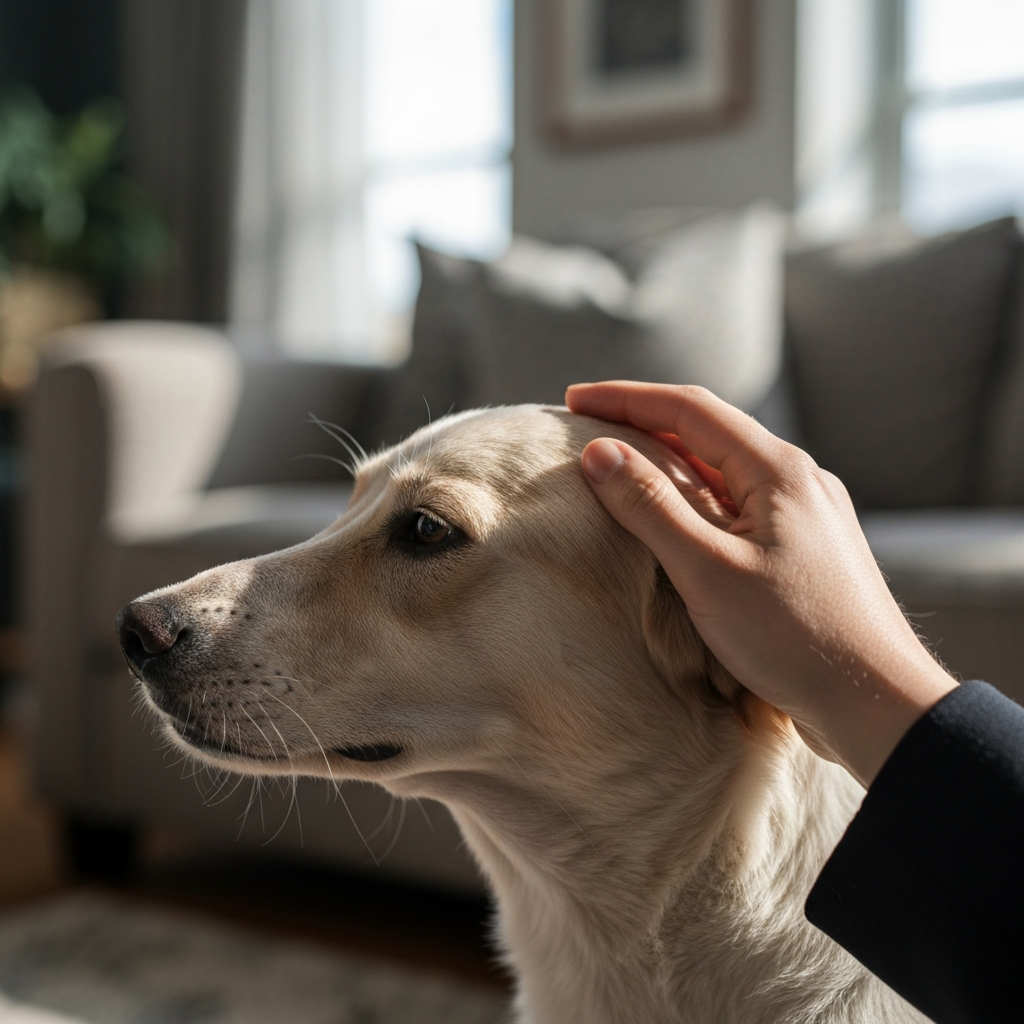 A close-up of a hand gently stroking a dog's head. The dog's fur is soft and detailed, side-lit by natural window light. Soft bokeh in the background shows a comfortable living room.