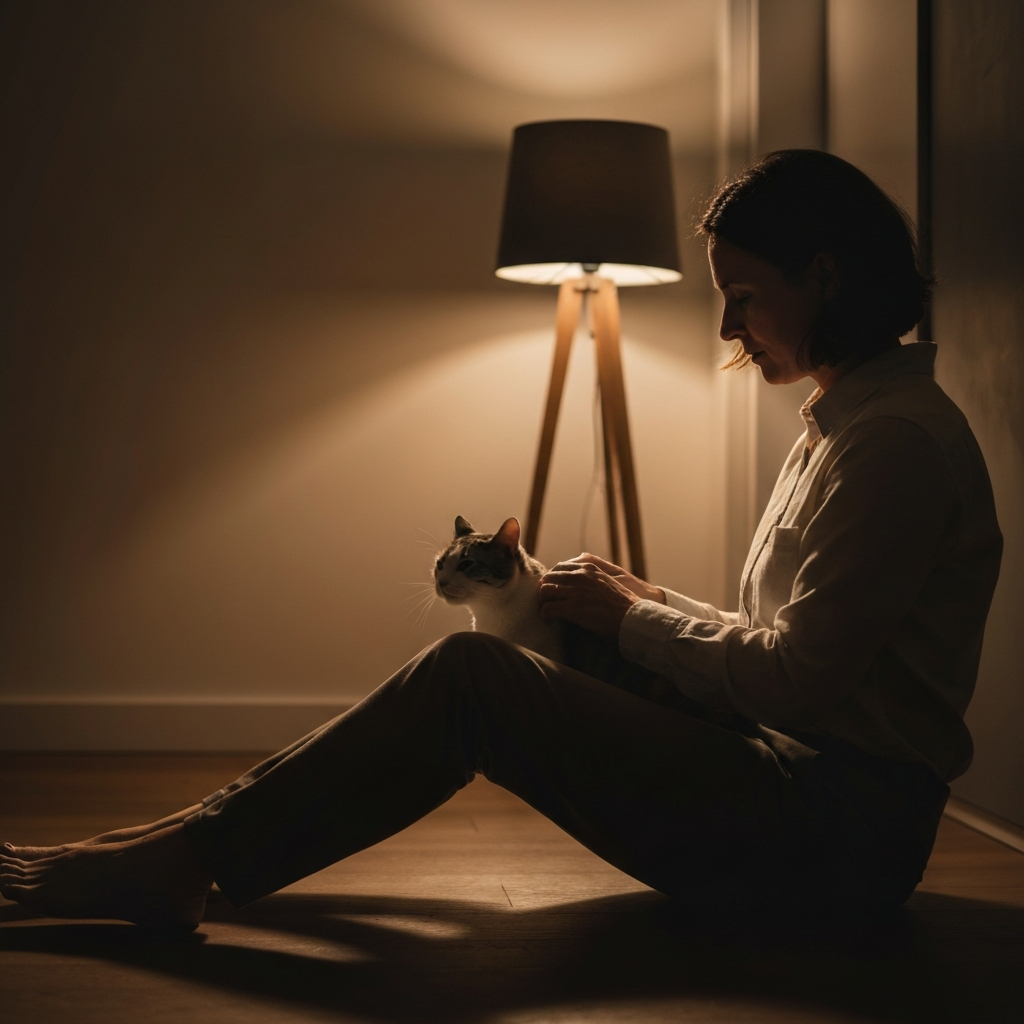 A medium shot of a person sitting on the floor, gently petting a cat in their lap. The cat is purring contentedly. The scene is warmly lit, with the light source coming from a table lamp behind the person, casting soft shadows.