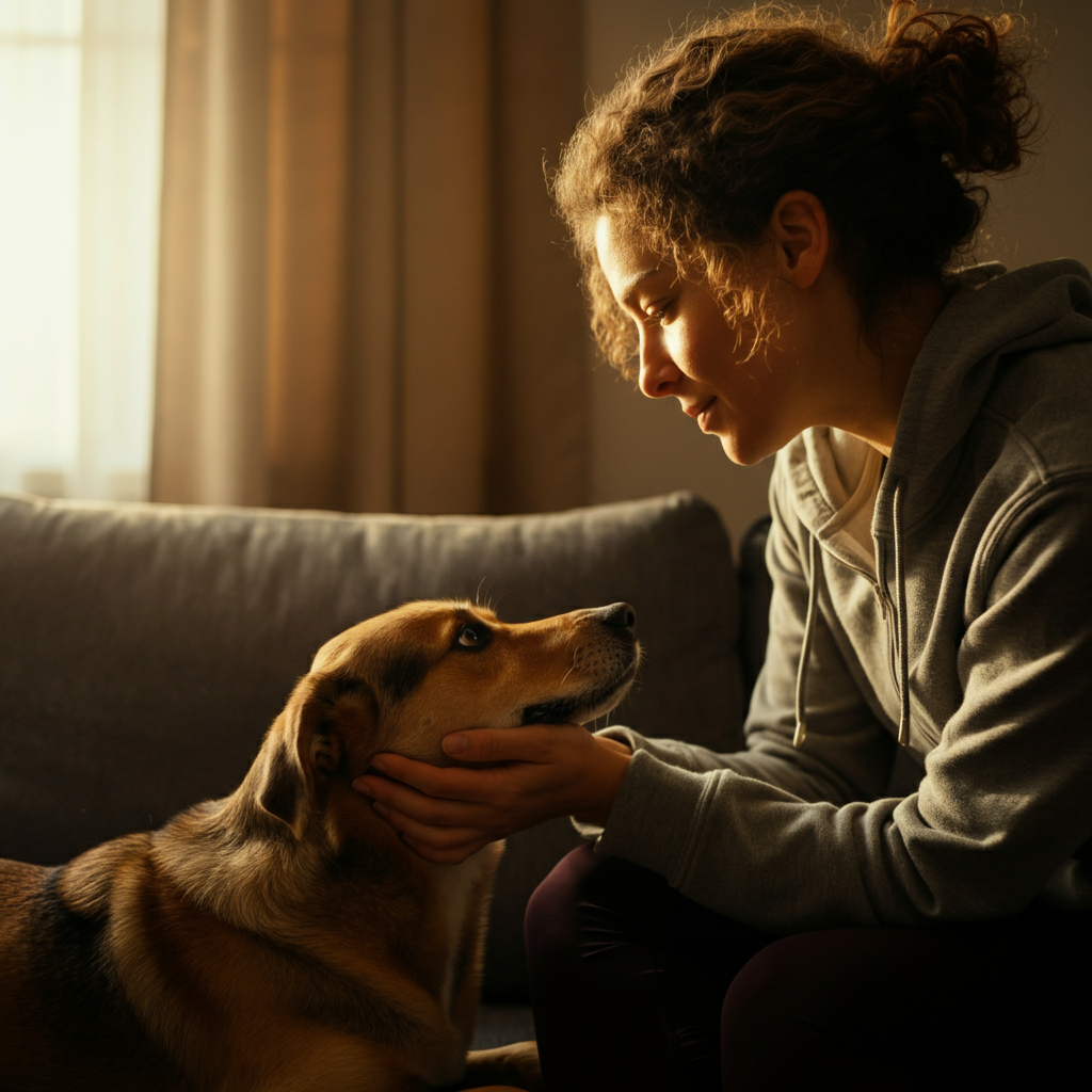 A woman in her late 20s is sitting on a couch, gazing lovingly into her dog's eyes while gently petting its head. Golden hour lighting streams through the window, illuminating dust particles in the air. The dog is a medium-sized breed with soft, brown fur.