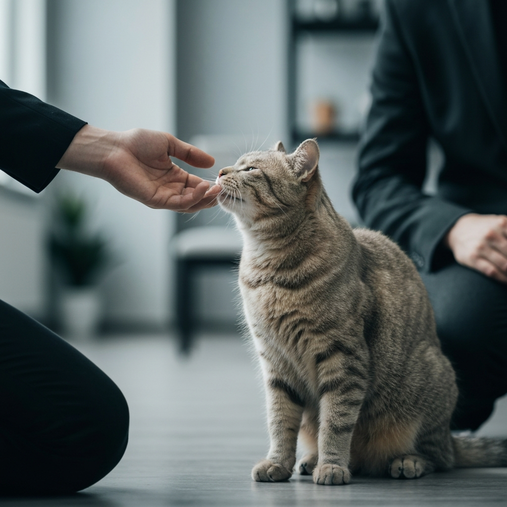 A cat is rubbing its head against a person's hand, who is kneeling on the floor. The cat's fur is meticulously detailed, showing individual strands. The background is slightly blurred, showcasing a modern apartment interior.