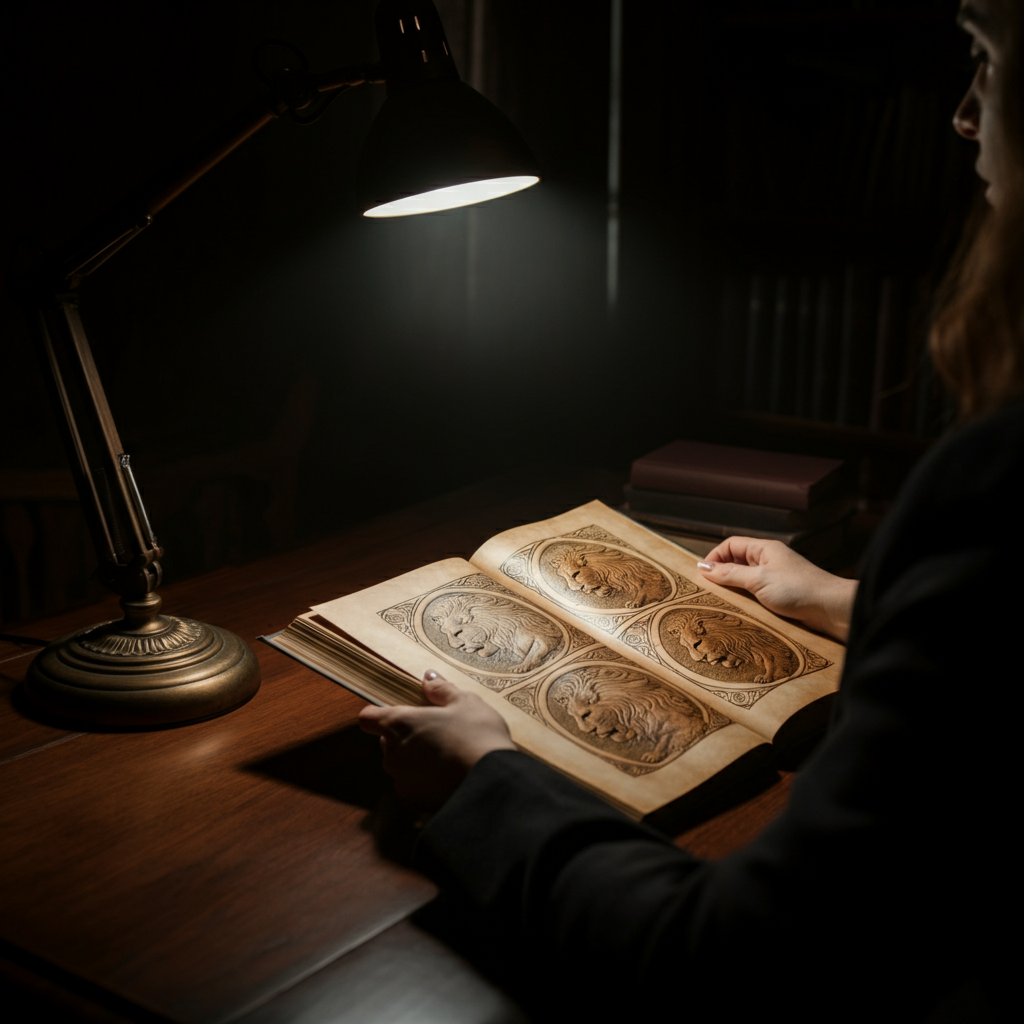 A dimly lit study. A person sits at a wooden desk, illuminated by a single lamp. They are surrounded by books on mythology and symbolism. The focus is on their hands, turning the page of an ancient-looking tome with lion imagery.