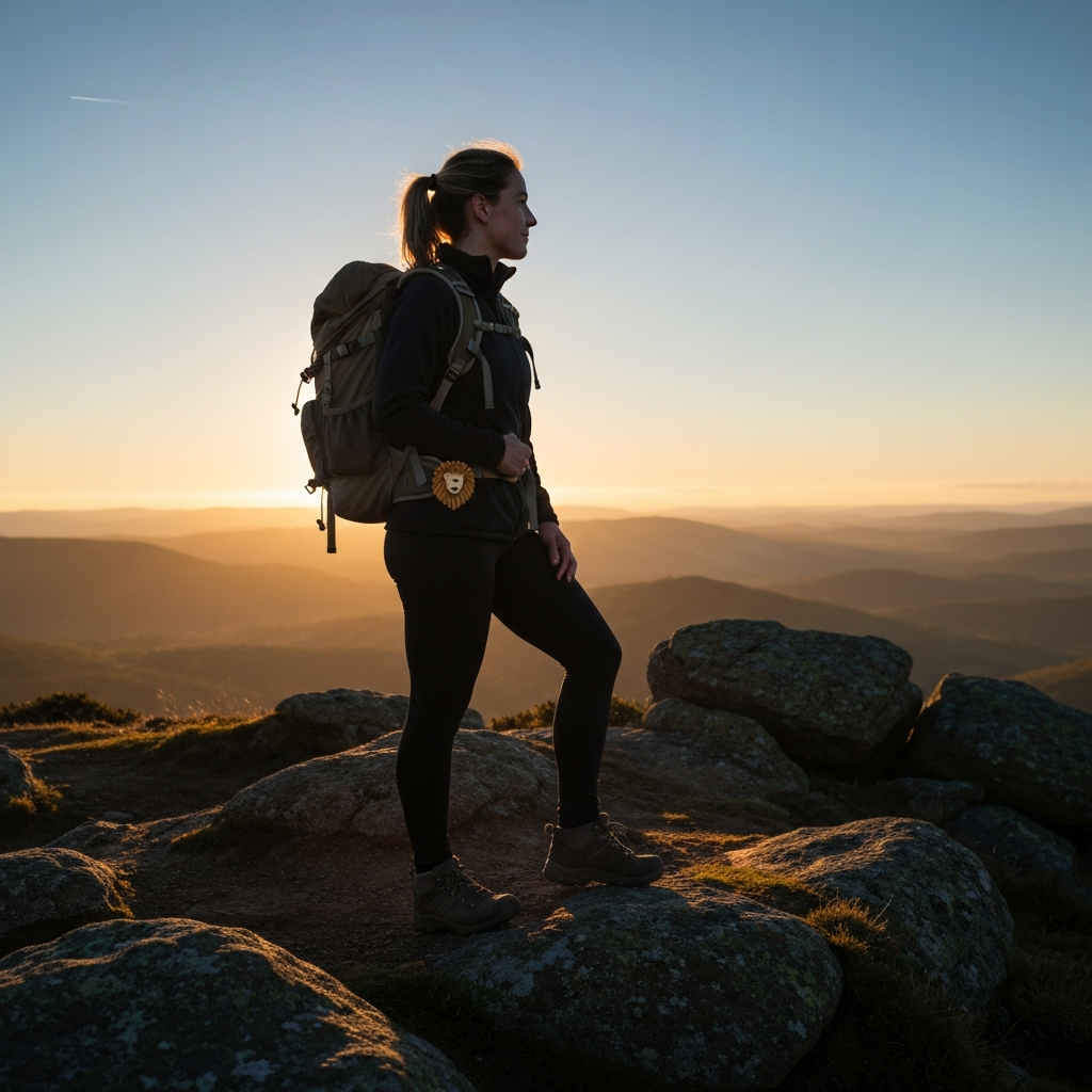 A woman standing confidently on a hilltop at sunrise. She is wearing hiking gear and looking out at the vast landscape. Golden hour lighting highlights her silhouette and the texture of the rocks around her. A small, symbolic lion charm is visible on her backpack.