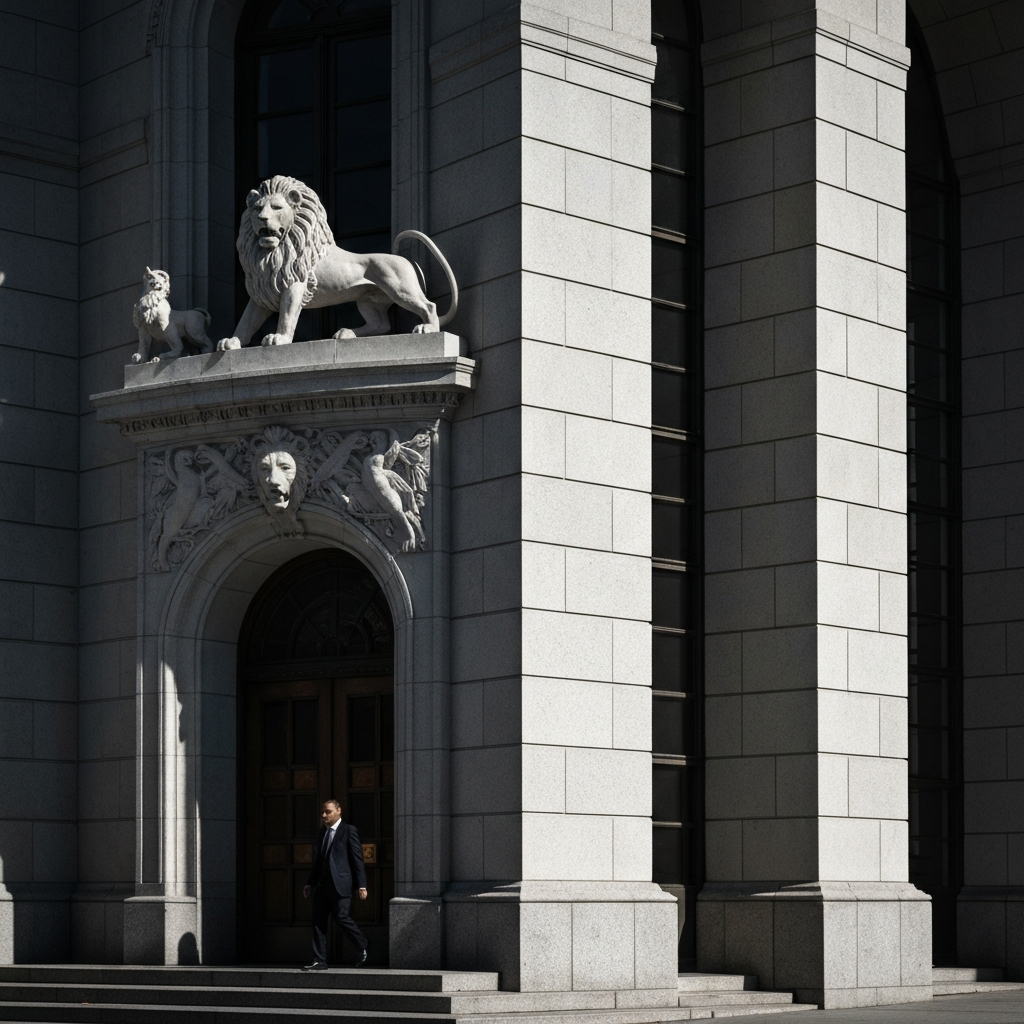 A section of a grand courthouse building, side-lit to emphasize the texture of the stone. A large stone carving of a lion is prominently displayed above the entrance. A person in a business suit is seen walking towards the entrance.