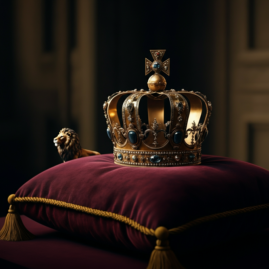 A close-up of a king's crown, resting on a velvet cushion. The crown is gold and adorned with precious gems. A small lion figurine is subtly placed next to the crown, partially obscured by the fabric. Soft, warm lighting emphasizes the richness of the materials.